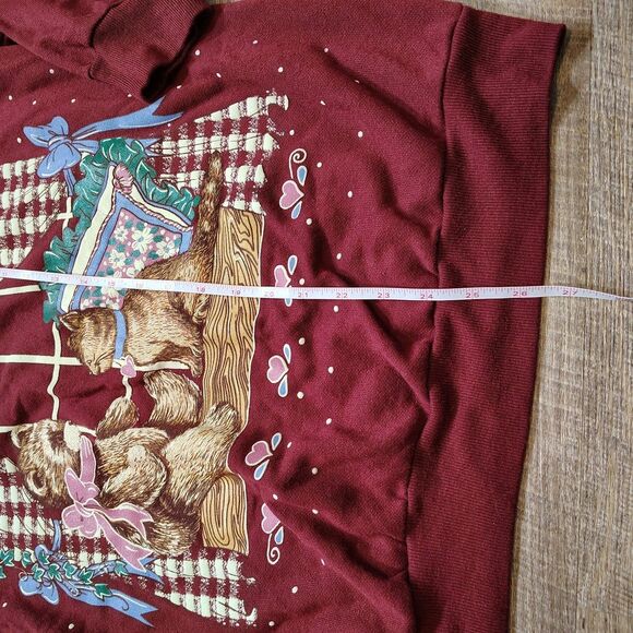 Vtg 90s Bear Sweatshirt Women’s L Maroon Cottagecore Window Scene Cute Kitsch - Picture 7 of 9
